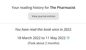 image from The Storygraph that says:
You have read this book once in 2022.

18 March 2022 to 11 May 2022 
(Took about 2 months)